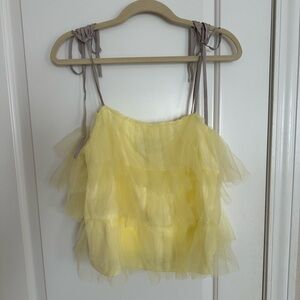 nwt Anthropologie yellow tulle layered tank gray ribbon straps large
